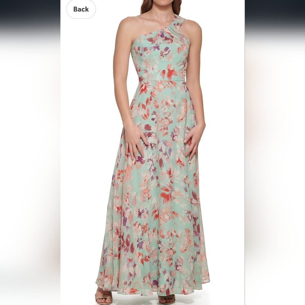 Eliza J One-Shoulder Floral Maxi Dress in Mint with Coral and Purple